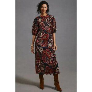 Anthropologie Kachel Puff-Sleeve Dress XS Midi Paisley Satin Sheath